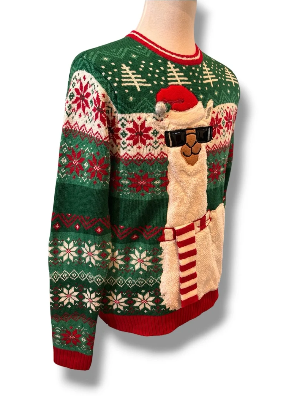 Ugly Christmas Green Sweater Blizzard Bay Llama In Sunglasses Scarf Unisex Sz L